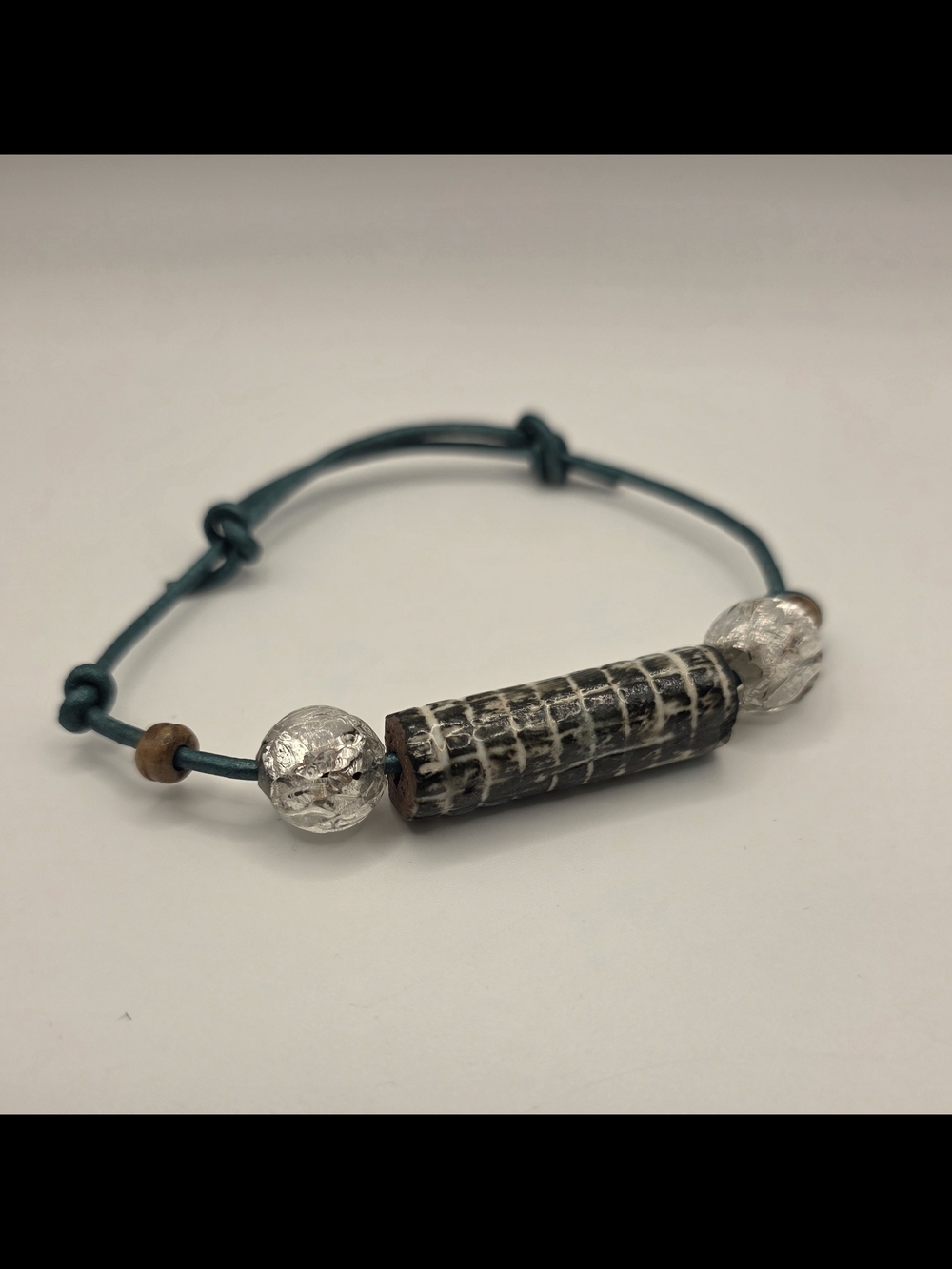 Handmade Blue Waxed Leather Adjustable Unisex Glass & Pottery Beaded Bracelet